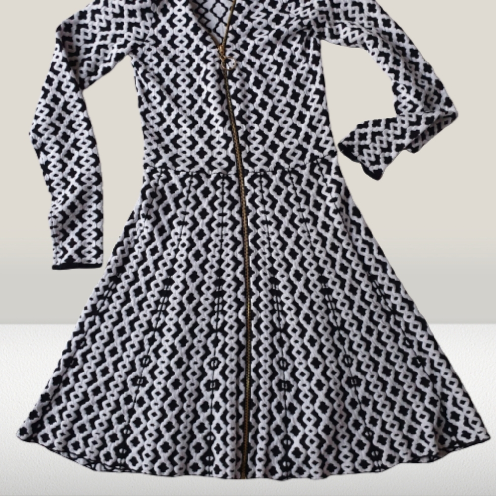 INC Wm Black & White Geometric Sweater Fit & Flare A-Line Dress w/ V-Neck Zip Sm - Picture 13 of 16